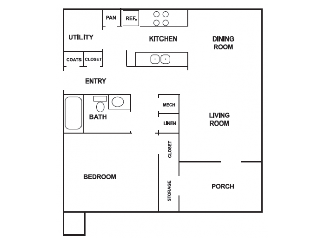 Floor plan for 1 bed, 1 bath, 874 sqft