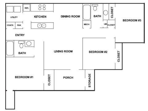 Floor plan for 3 beds, 2 baths, 1288 sqft