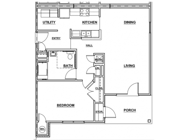 Floor plan for 1 bed, 1 bath, 867 sqft
