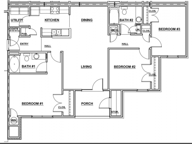 Floor plan for 3 beds, 2 baths, 1284 sqft