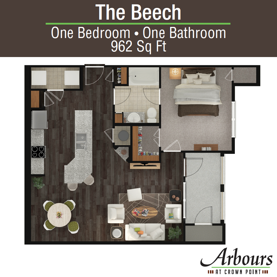 Floor plan for 1 bed, 1 bath, 962 sqft