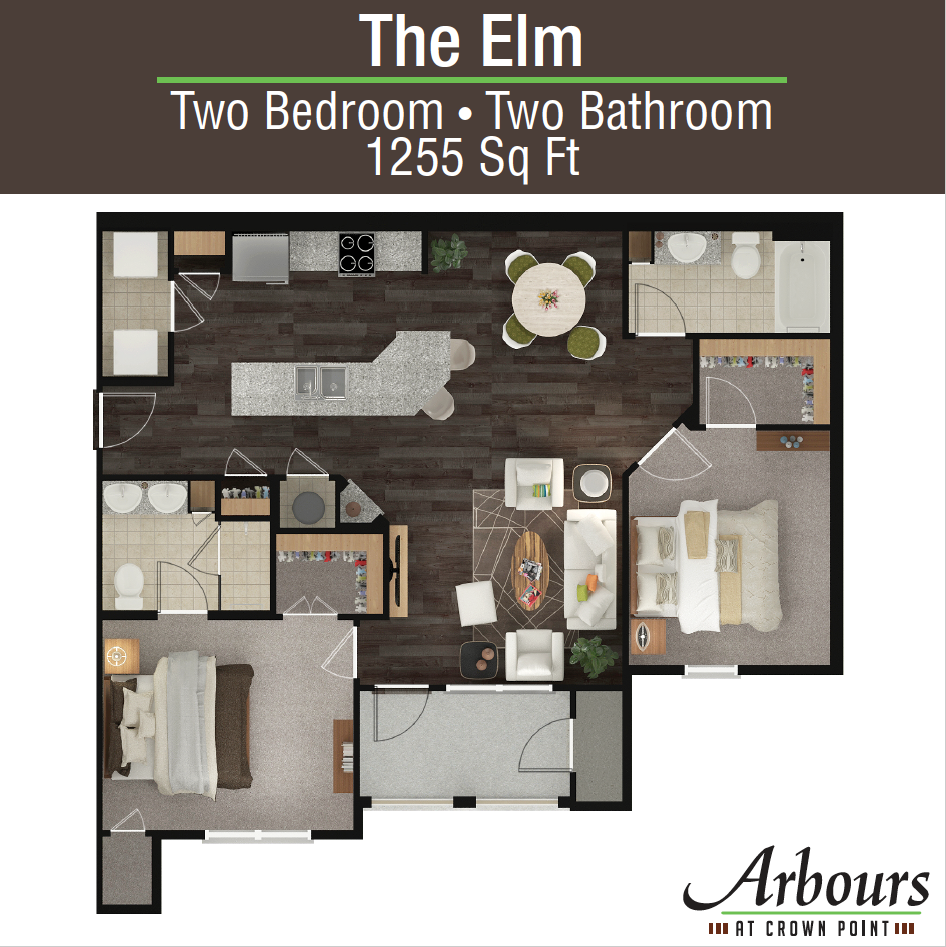 Floor plan for 2 beds, 2 baths, 1255 sqft