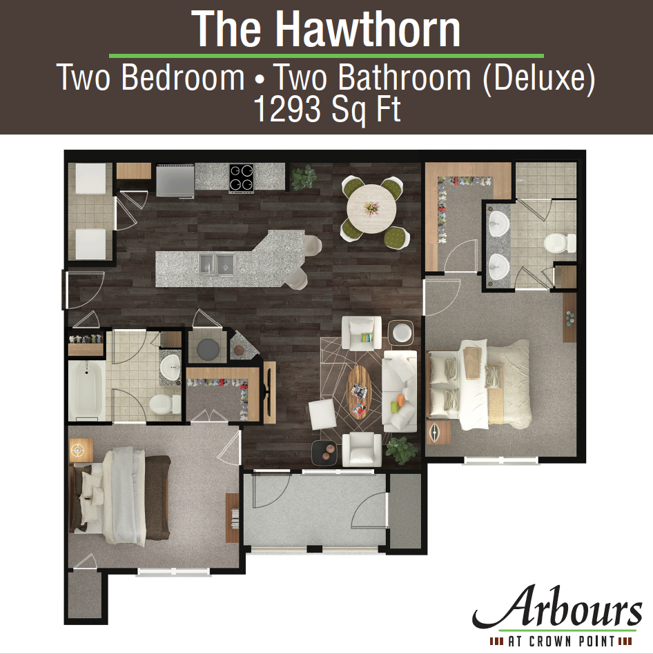 Floor plan for 2 beds, 2 baths, 1293 sqft