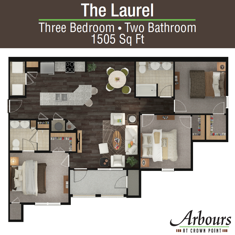 Floor plan for 3 beds, 2 baths, 1505 sqft