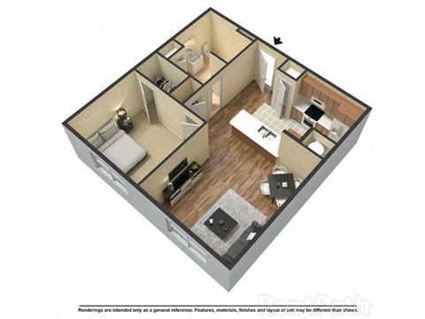 Floor plan for 1 bed, 1 bath, 711 sqft