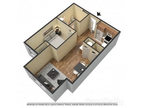 Floor plan for 1 bed, 1 bath, 711 sqft