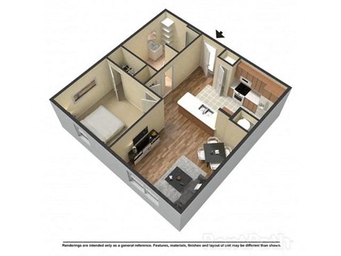 Floor plan for 1 bed, 1 bath, 711 sqft