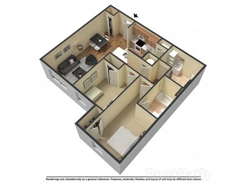 Floor plan for 2 beds, 2 baths, 956 sqft
