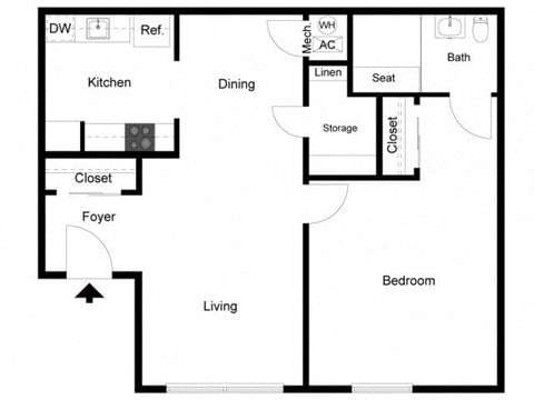 Floor plan for 1 bed, 1 bath, 625 sqft