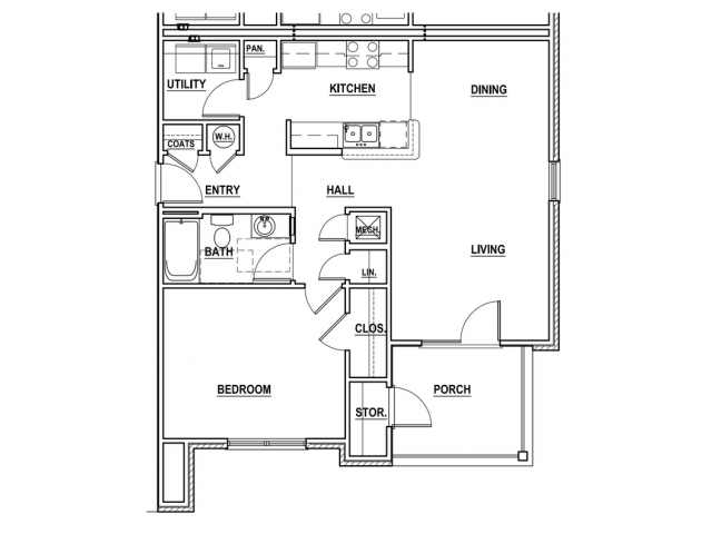 Floor plan for 1 bed, 1 bath, 807 sqft