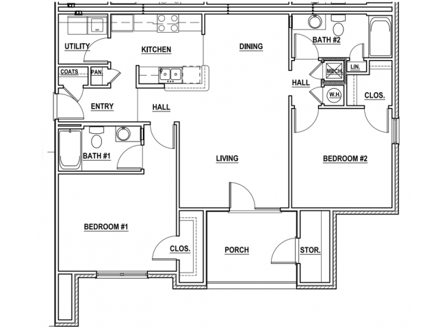 Floor plan for 2 beds, 2 baths, 1056 sqft