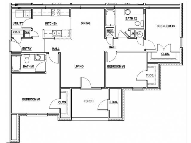 Floor plan for 3 beds, 2 baths, 1237 sqft
