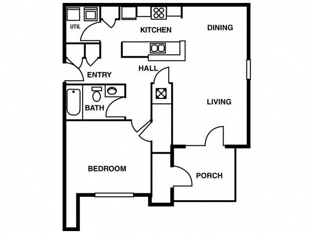 Floor plan for 1 bed, 1 bath, 807 sqft