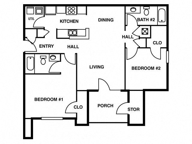 Floor plan for 2 beds, 2 baths, 1053 sqft
