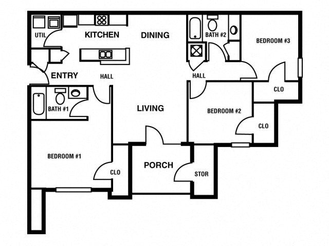 Floor plan for 3 beds, 3 baths, 1255 sqft