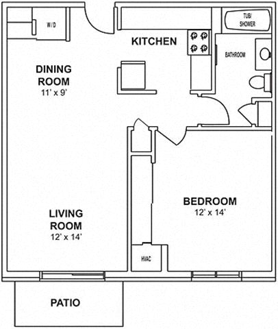 Floor plan for 1 bed, 1 bath, 693 sqft