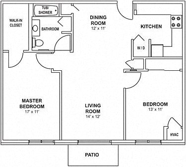 Floor plan for 2 beds, 1 bath, 912 sqft