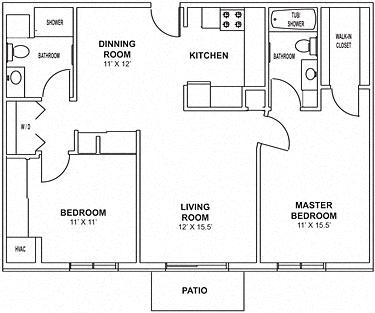 Floor plan for 2 beds, 2 baths, 981 sqft