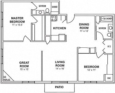 Floor plan for 2 beds, 2 baths, 1376 sqft