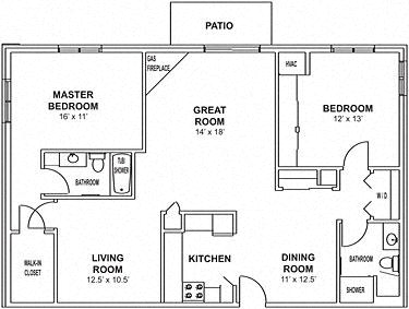 Floor plan for 2 beds, 2 baths, 1320 sqft