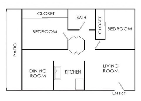 Floor plan for 2 beds, 1 bath, 890 sqft