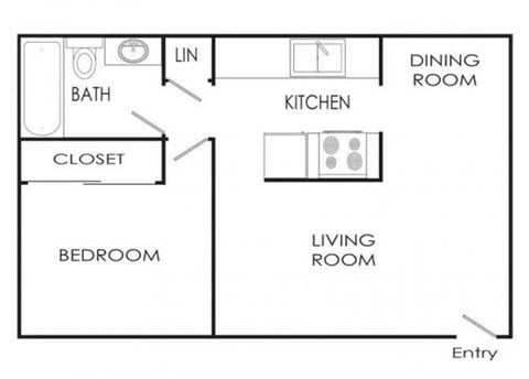 Floor plan for 1 bed, 1 bath, 725 sqft