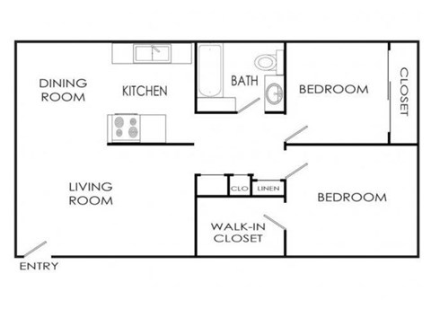 Floor plan for 2 beds, 1 bath, 950 sqft
