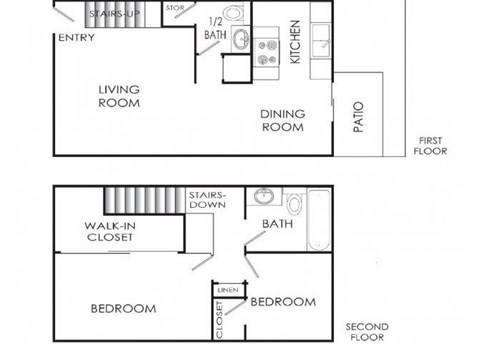 Floor plan for 2 beds, 1.5 baths, 1050 sqft