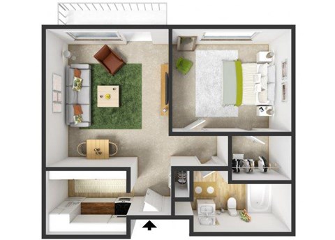 Floor plan for 1 bed, 1 bath, 584 sqft