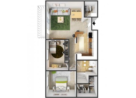 Floor plan for 2 beds, 1 bath, 827 sqft