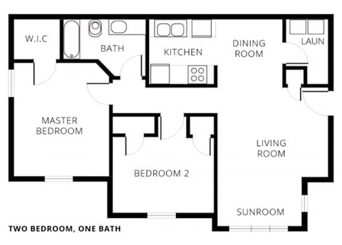Floor plan for 2 beds, 1 bath, 980 sqft