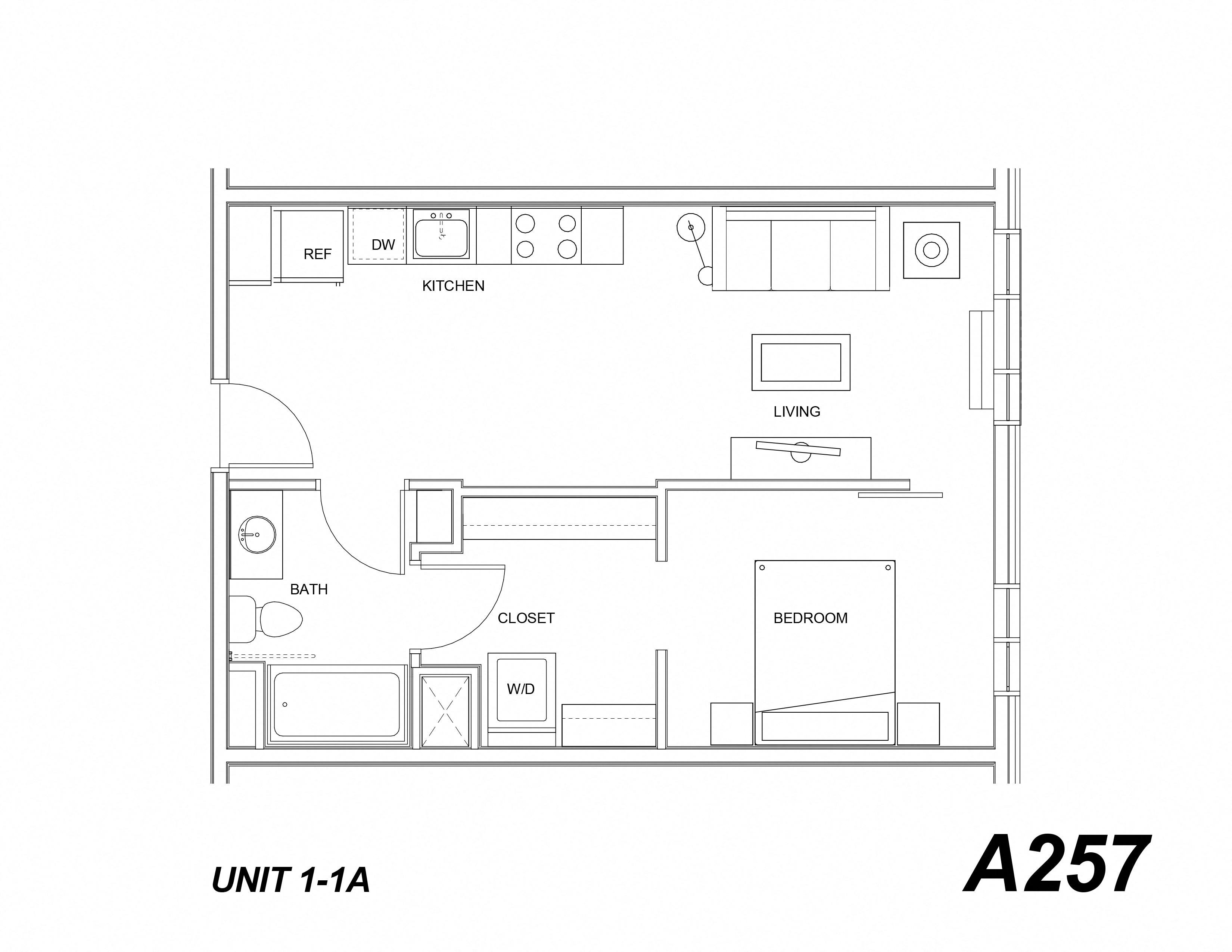 Floor plan for 1 bed, 1 bath, 562 sqft