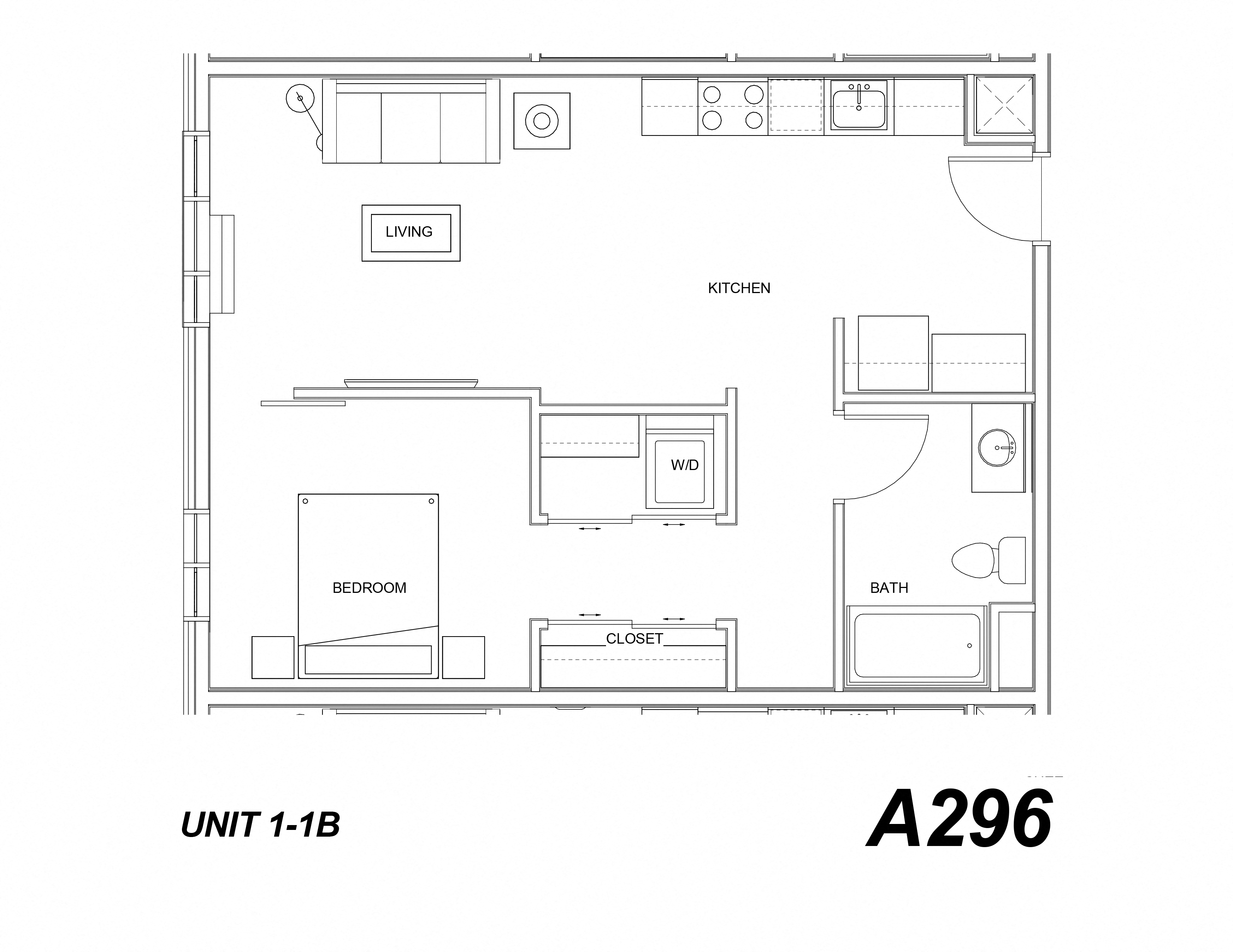 Floor plan for 1 bed, 1 bath, 678 sqft