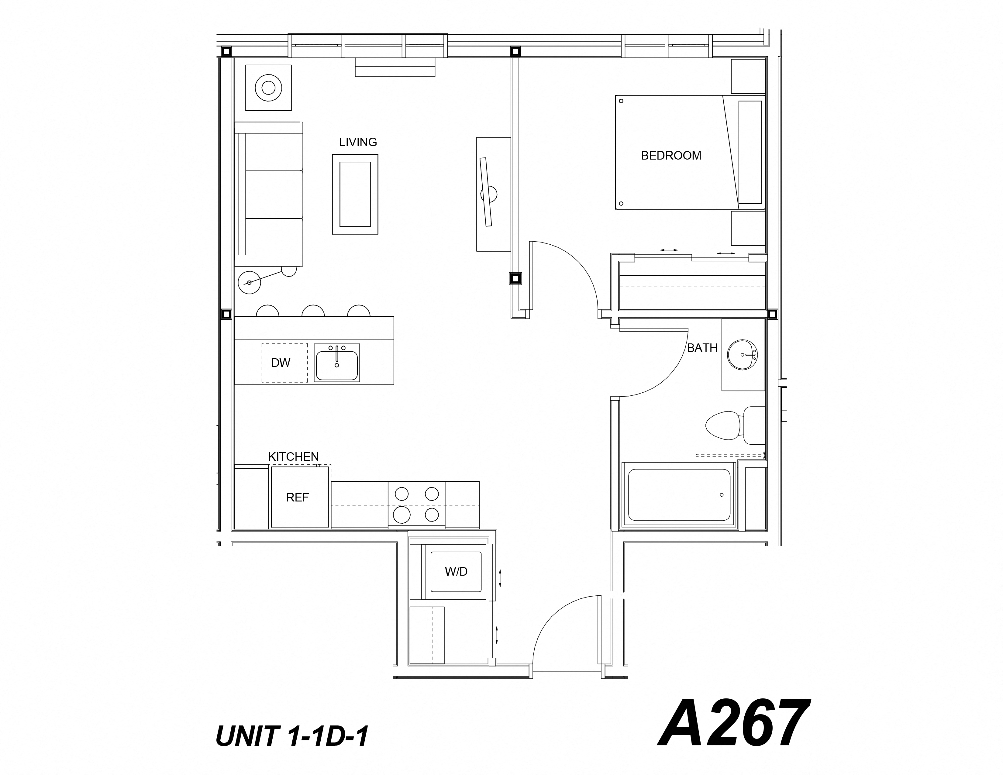 Floor plan for 1 bed, 1 bath, 576 sqft
