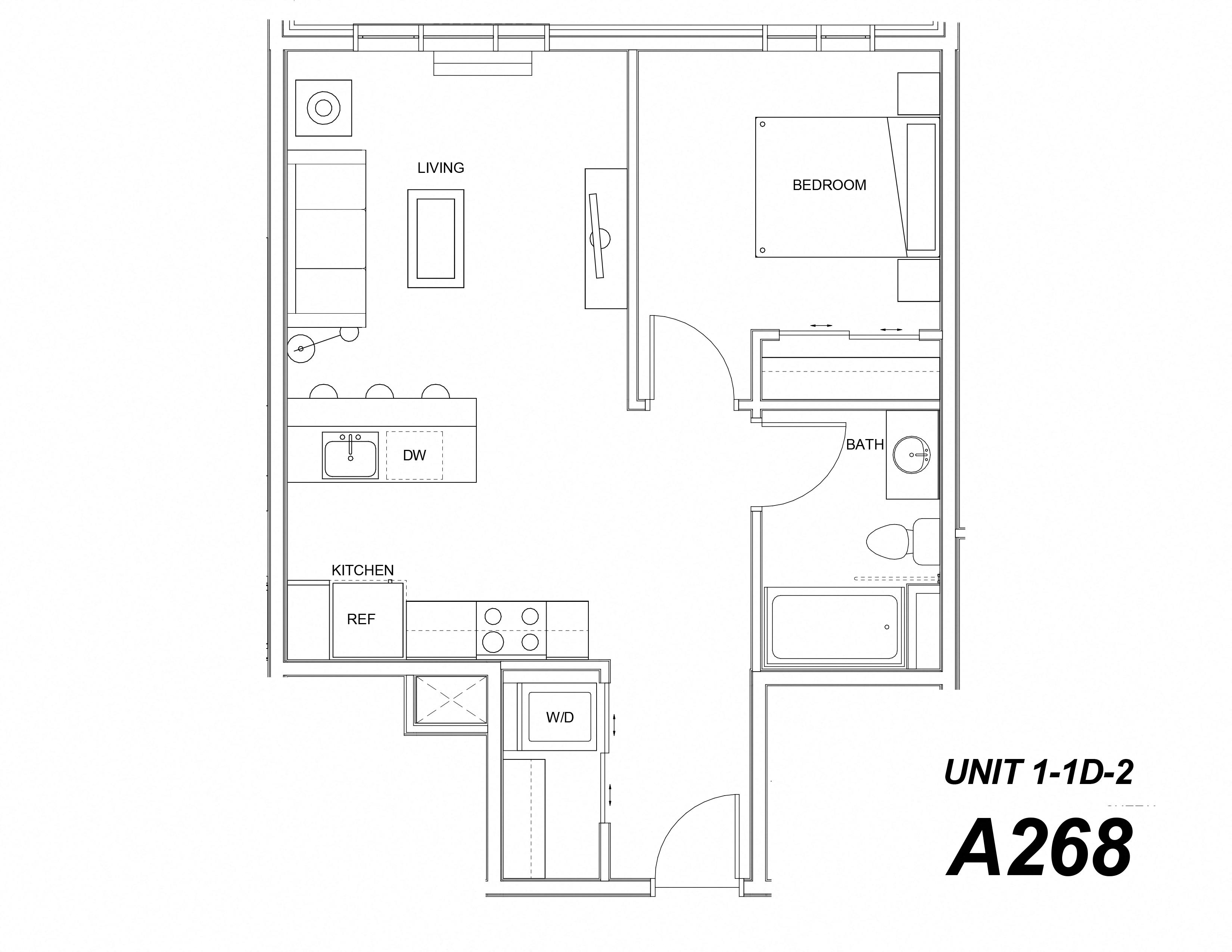 Floor plan for 1 bed, 1 bath, 621 sqft