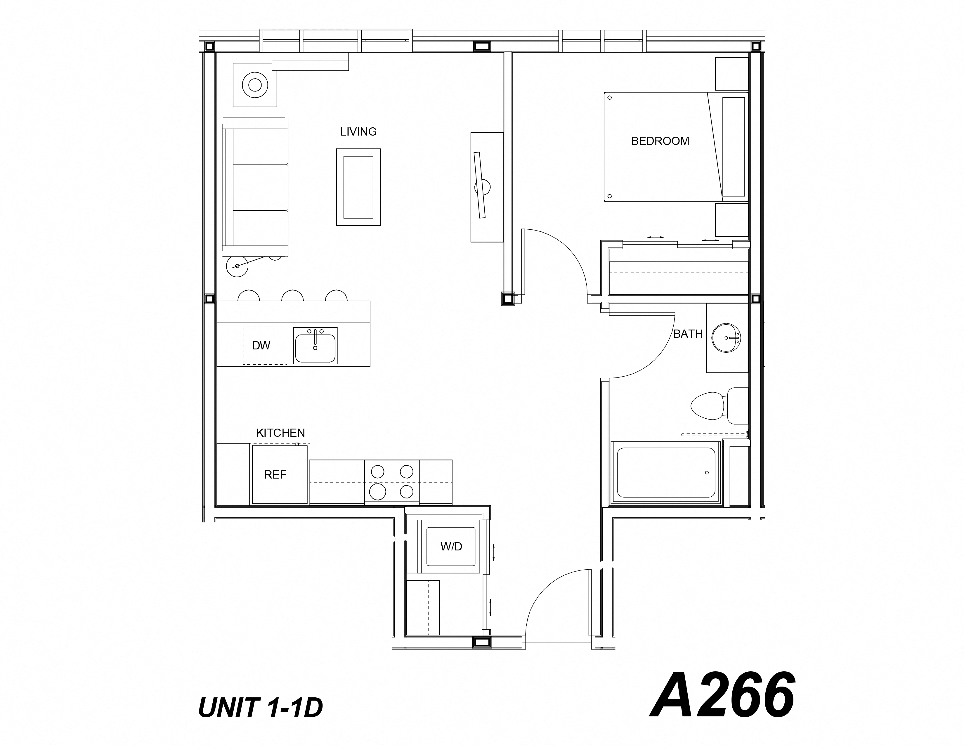 Floor plan for 1 bed, 1 bath, 605 sqft