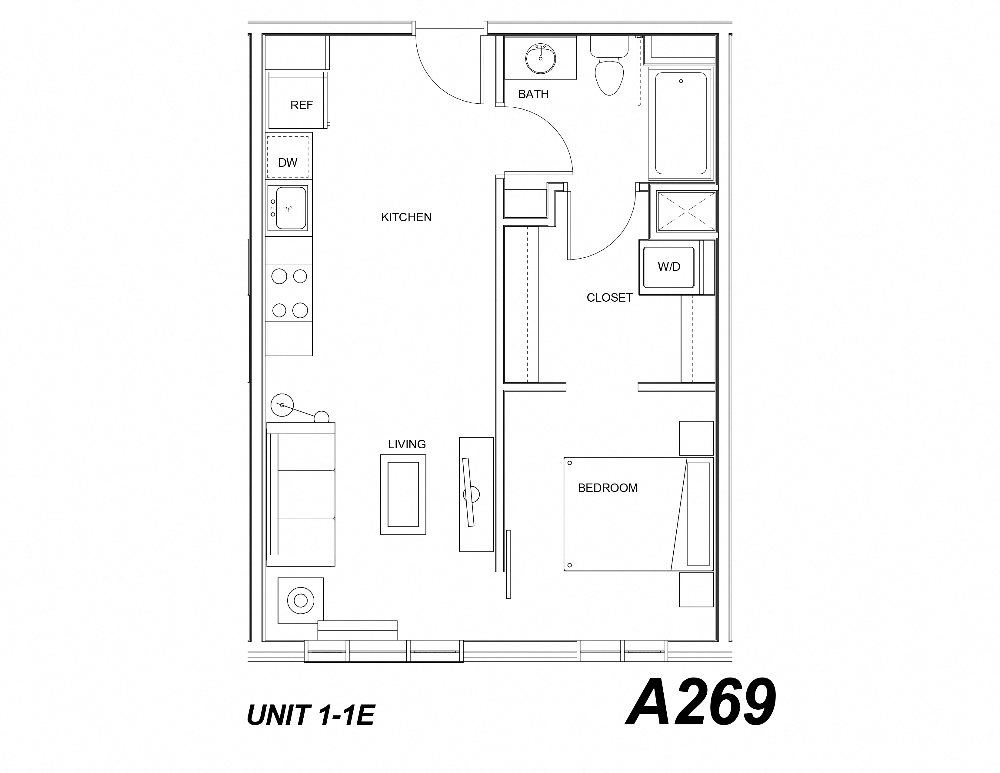 Floor plan for 1 bed, 1 bath, 561 sqft