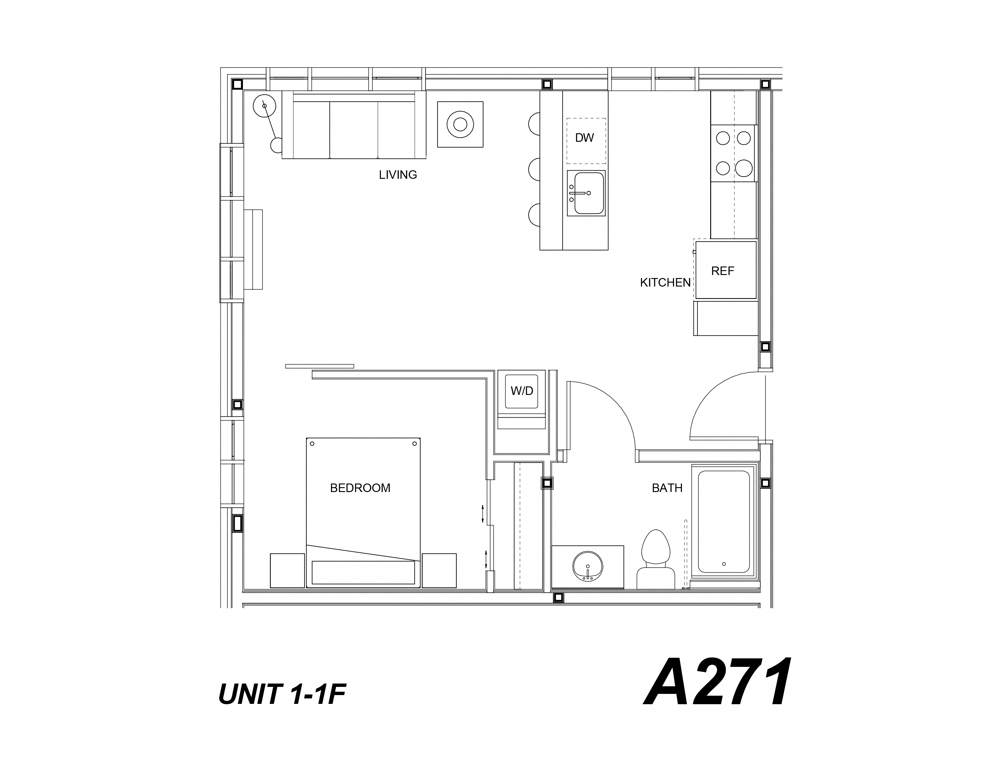 Floor plan for 1 bed, 1 bath, 542 sqft