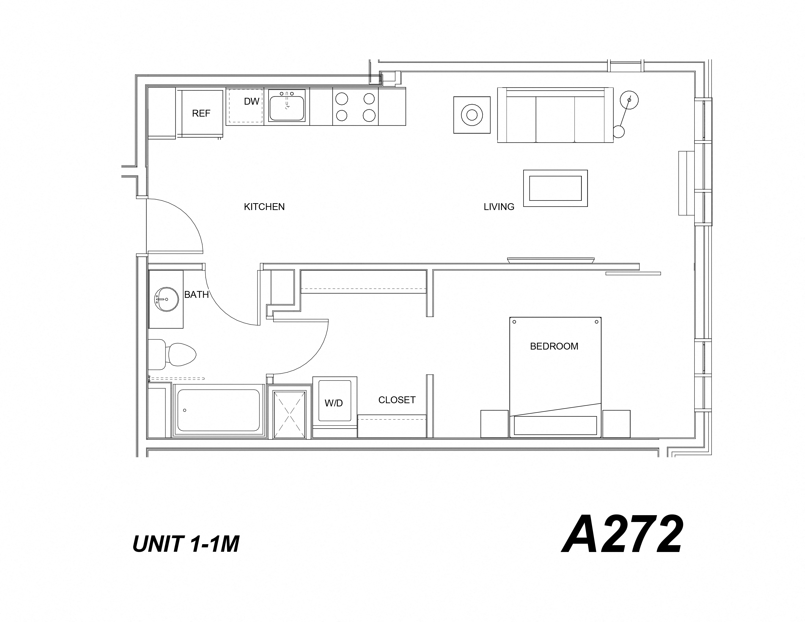 Floor plan for 1 bed, 1 bath, 638 sqft