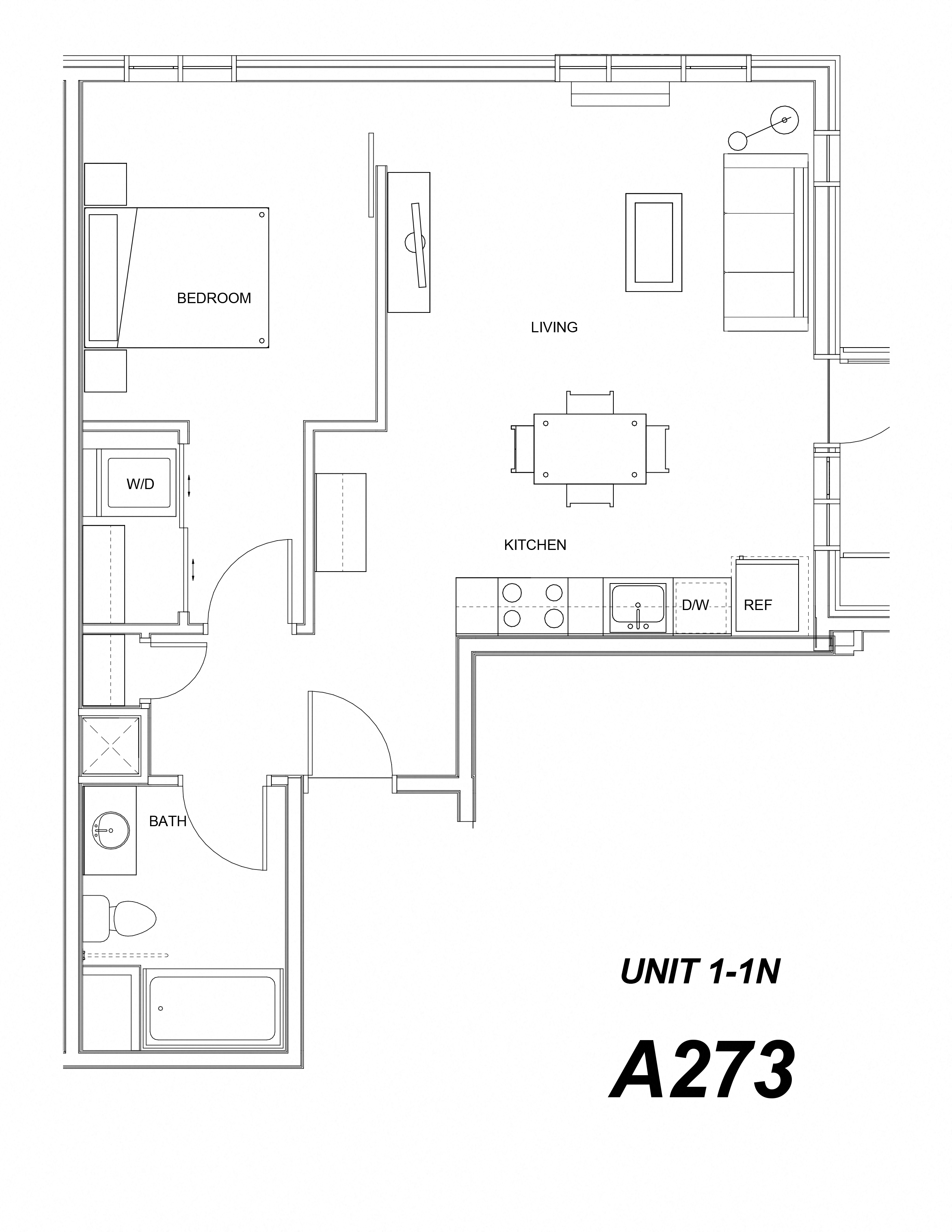 Floor plan for 1 bed, 1 bath, 714 sqft