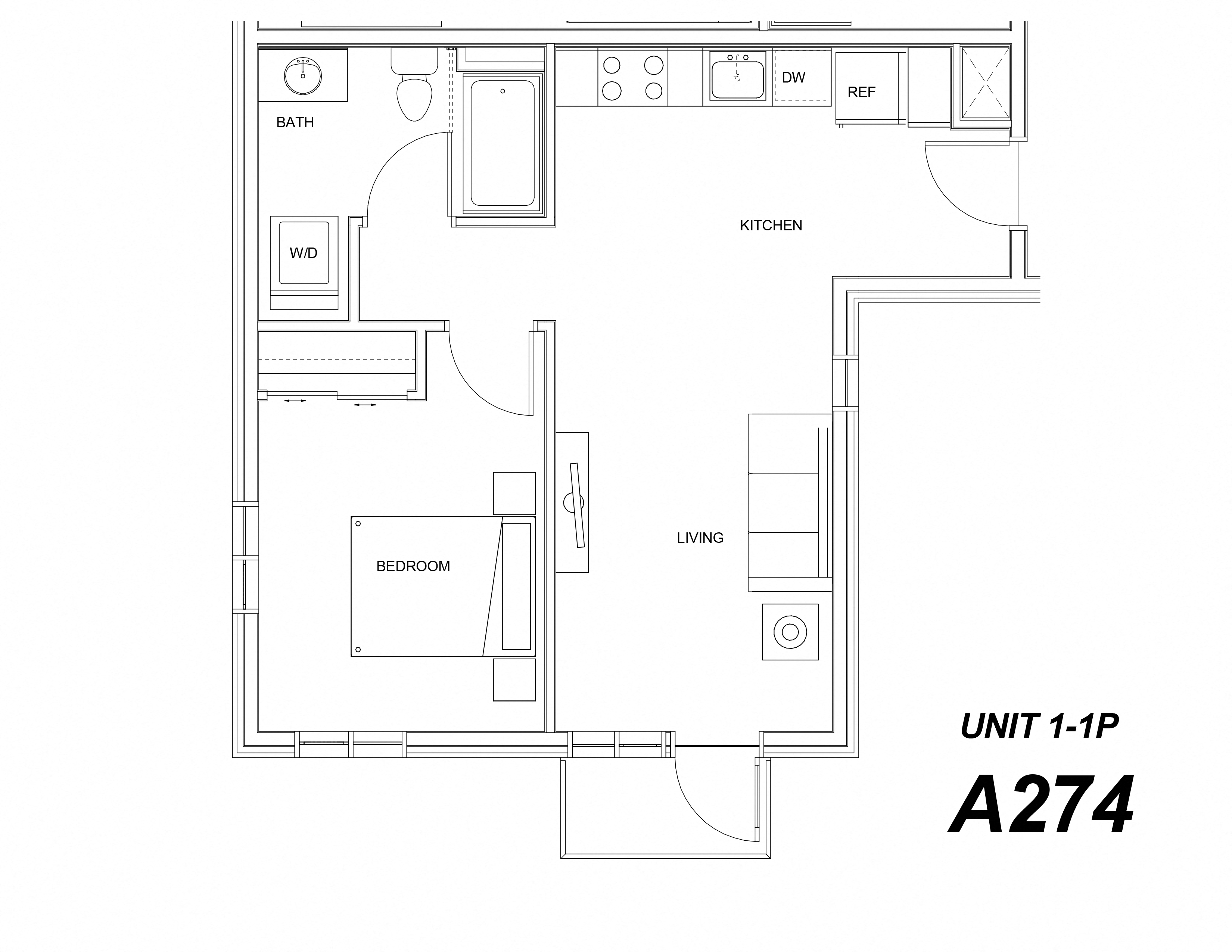 Floor plan for 1 bed, 1 bath, 605 sqft