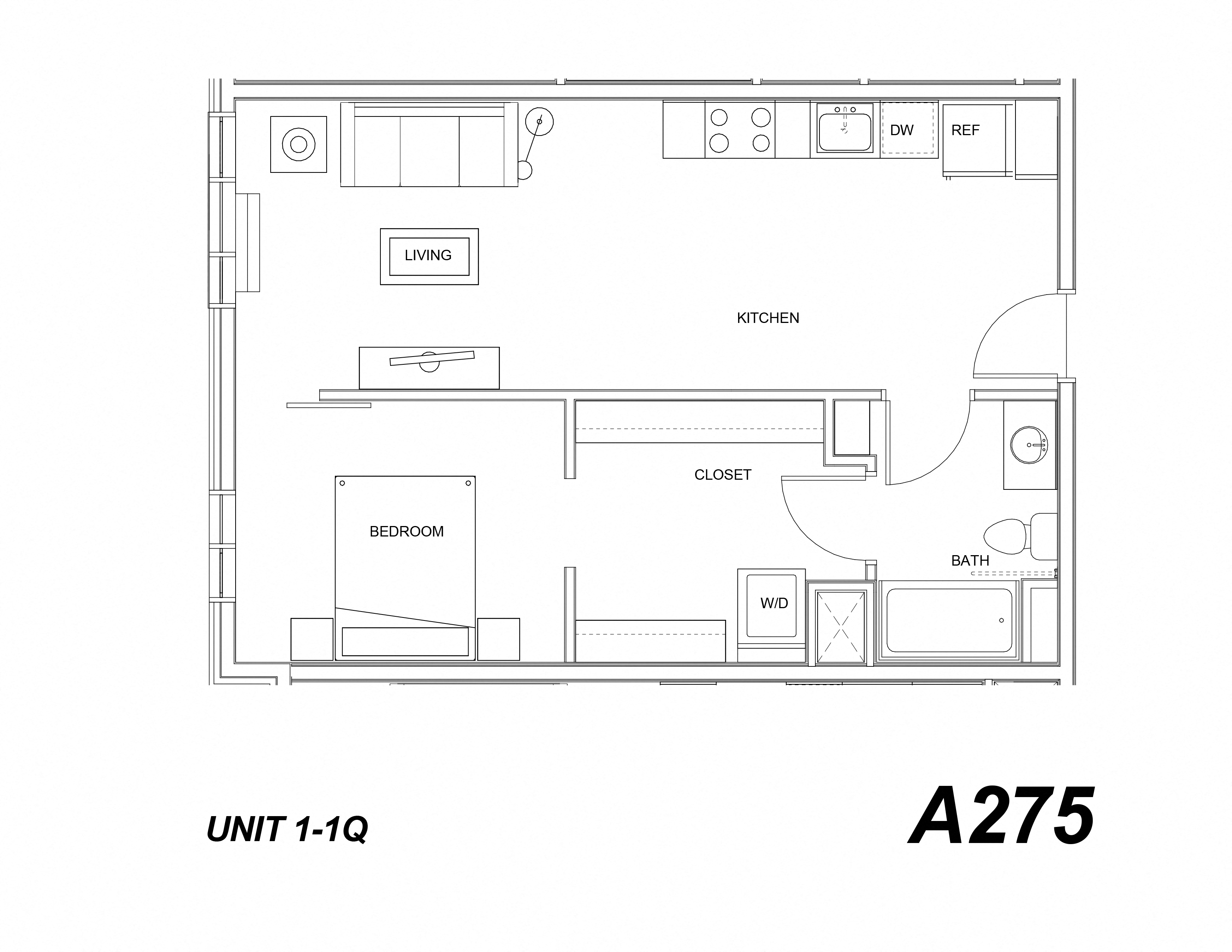 Floor plan for 1 bed, 1 bath, 635 sqft