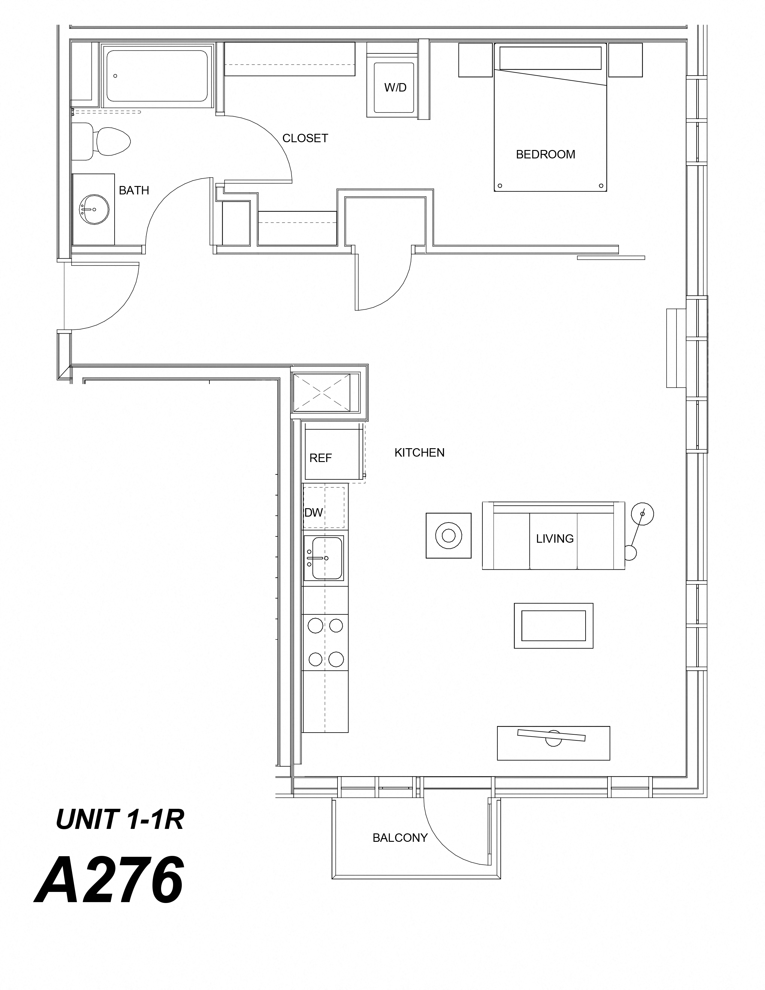 Floor plan for 1 bed, 1 bath, 752 sqft