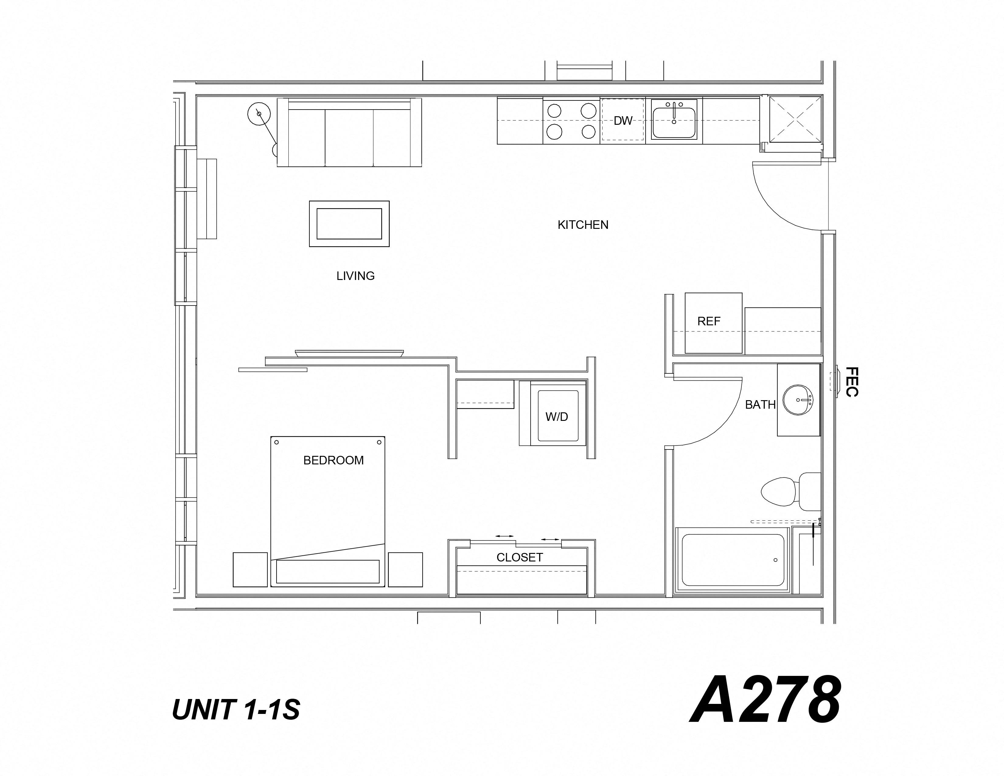Floor plan for 1 bed, 1 bath, 643 sqft