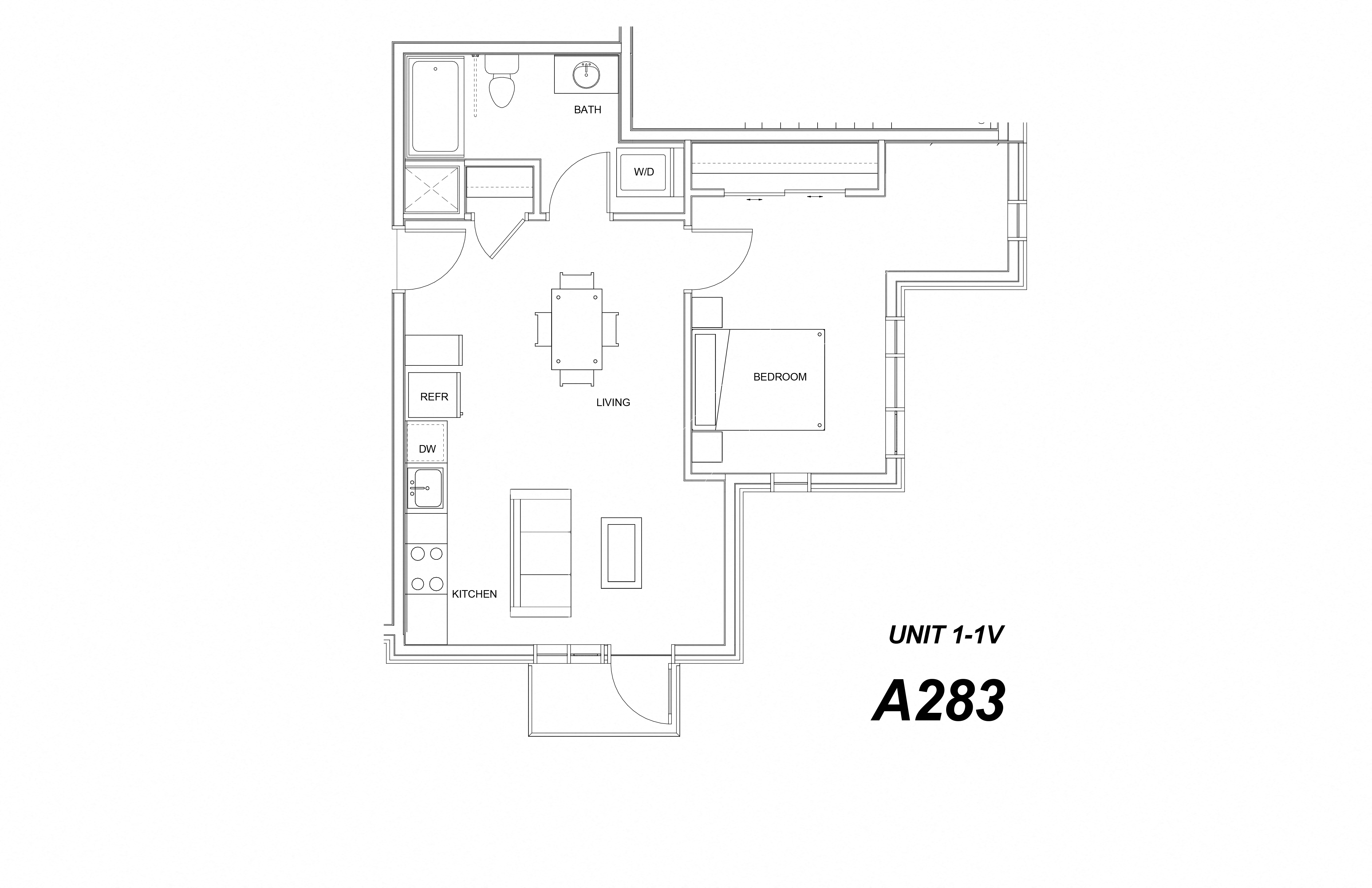 Floor plan for 1 bed, 1 bath, 665 sqft
