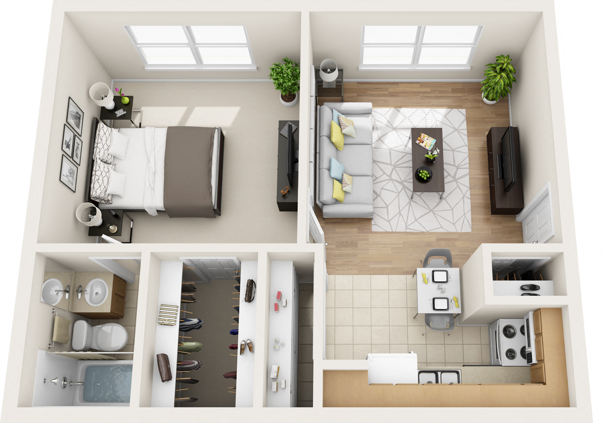 Floor plan for 1 bed, 1 bath, 640 sqft