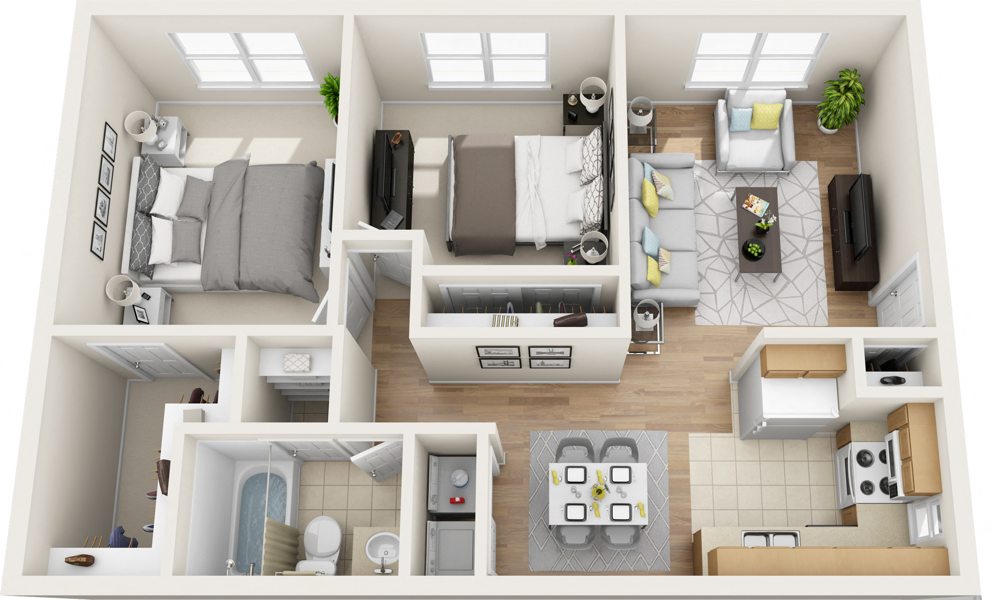 Floor plan for 2 beds, 1 bath, 980 sqft