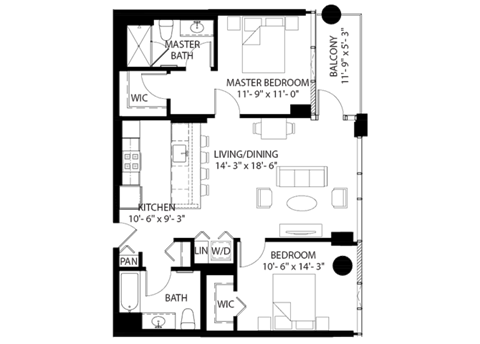 Floor plan for 2 beds, 2 baths, 1045 sqft