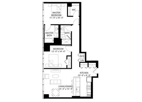Floor plan for 2 beds, 2 baths, 1180 sqft