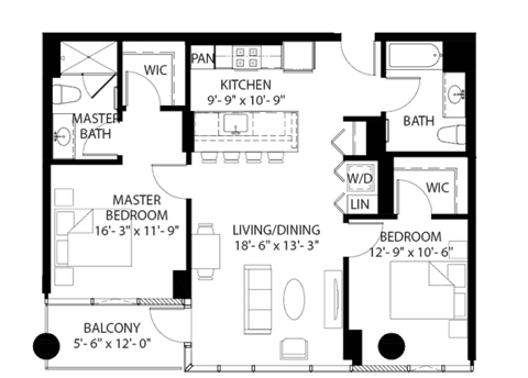 Floor plan for 2 beds, 2 baths, 1080 sqft